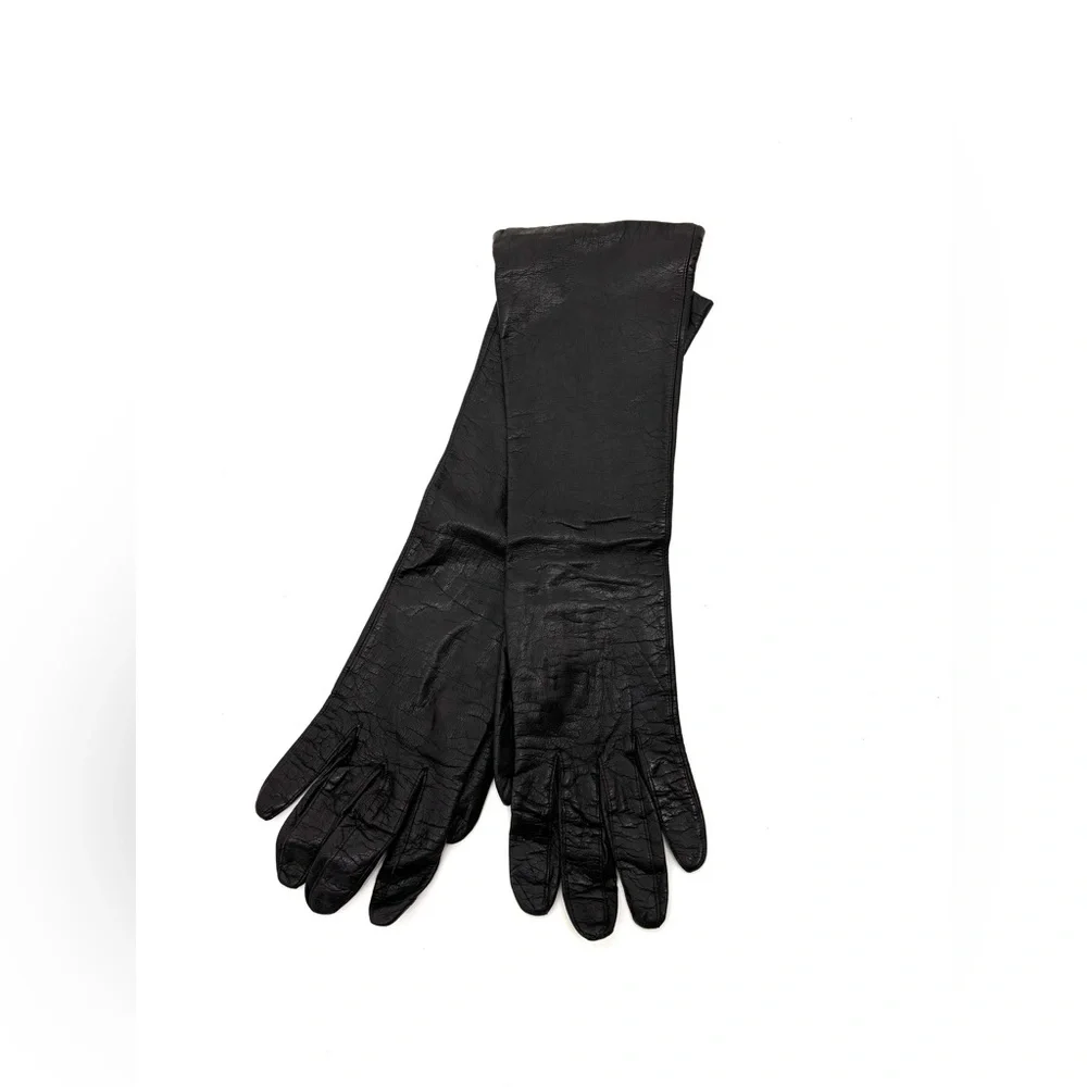 Vintage French Black Long Leather Gloves – Silk Lined, Size 7